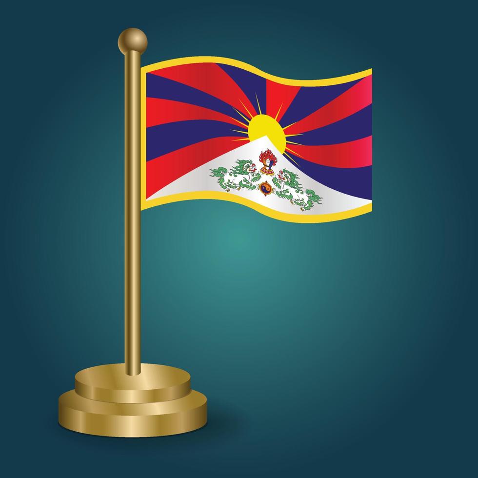 bandeira nacional do tibete no poste dourado sobre fundo escuro de gradação isolado. bandeira de mesa, ilustração vetorial vetor