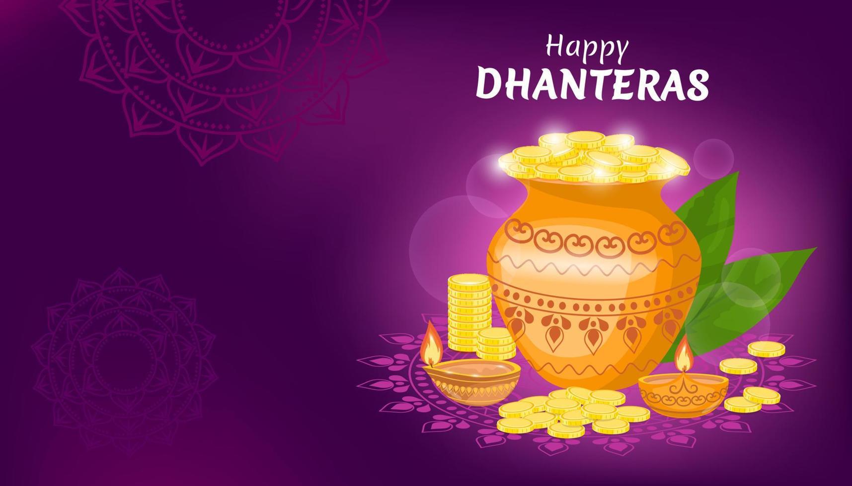 feliz dhanteras festival indiano do conceito de diwali de luzes. ilustração vetorial para um pôster ou banner com moedas de ouro e um pote, lótus e fogo. vetor