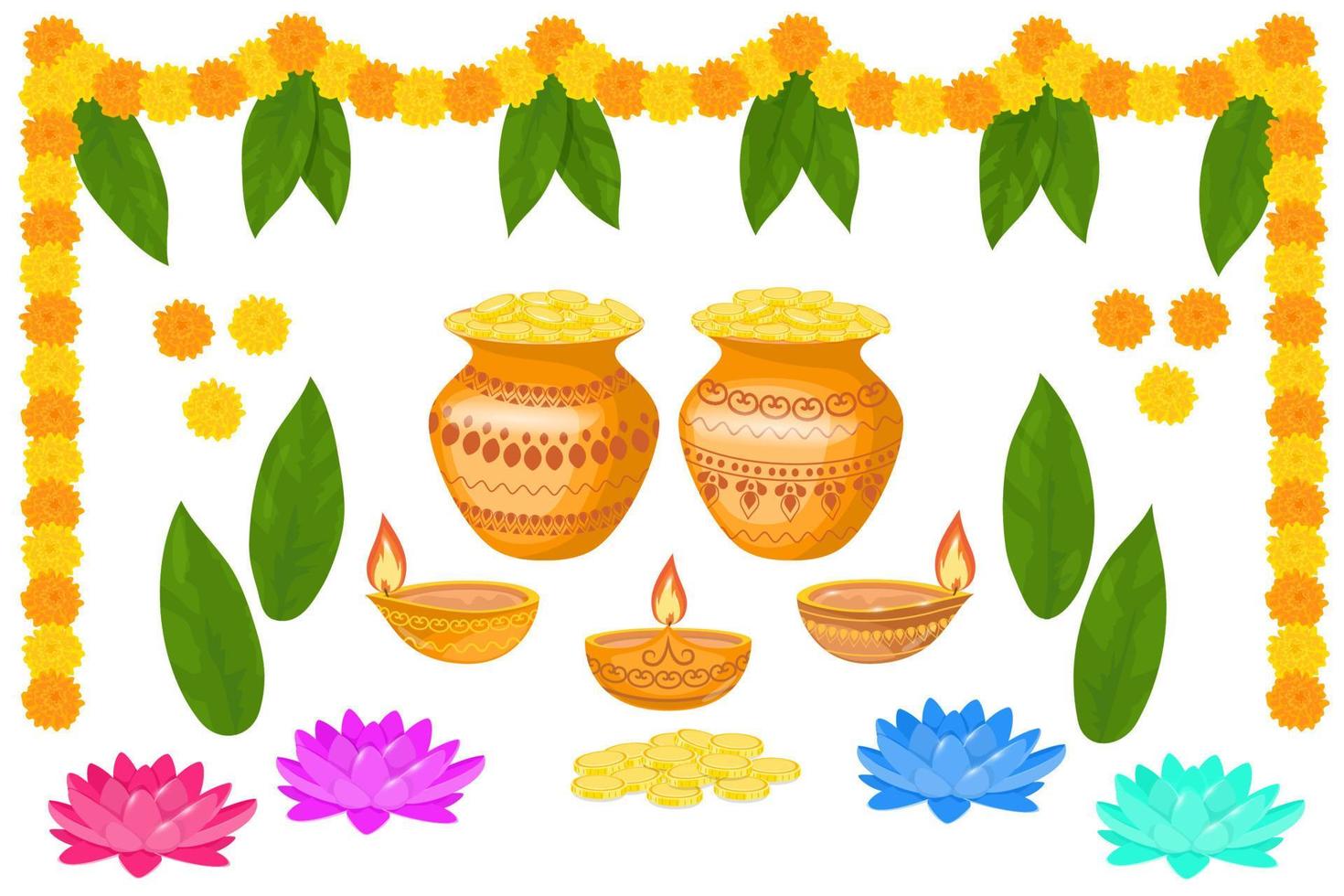 conjunto de elementos de design de férias indianas. ilustração vetorial isolada no fundo branco. feliz festival de luz diwali. vetor