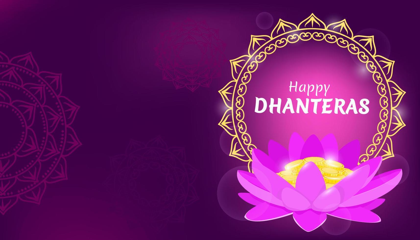 feliz dhanteras festival indiano do conceito de diwali de luzes. ilustração vetorial para pôster ou banner com moedas de ouro e lótus. vetor