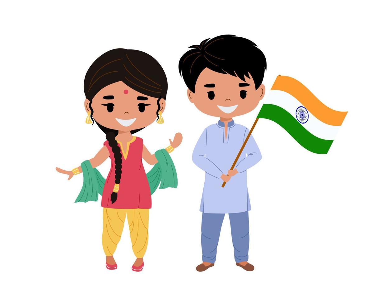 menino indiano e menina em trajes nacionais. menino indiano segurando a bandeira da índia. ilustração vetorial plana isolada no fundo branco. vetor