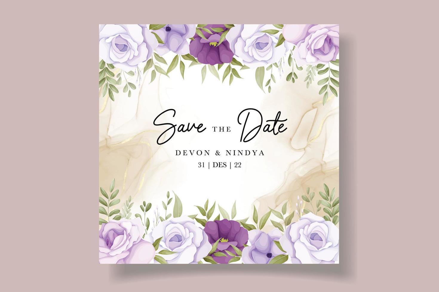 cartão de convite de casamento elegante com decoração de flores roxas vetor