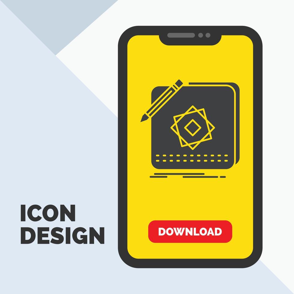 Projeto. aplicativo. logotipo. inscrição. ícone de glifo de design no celular para página de download. fundo amarelo vetor