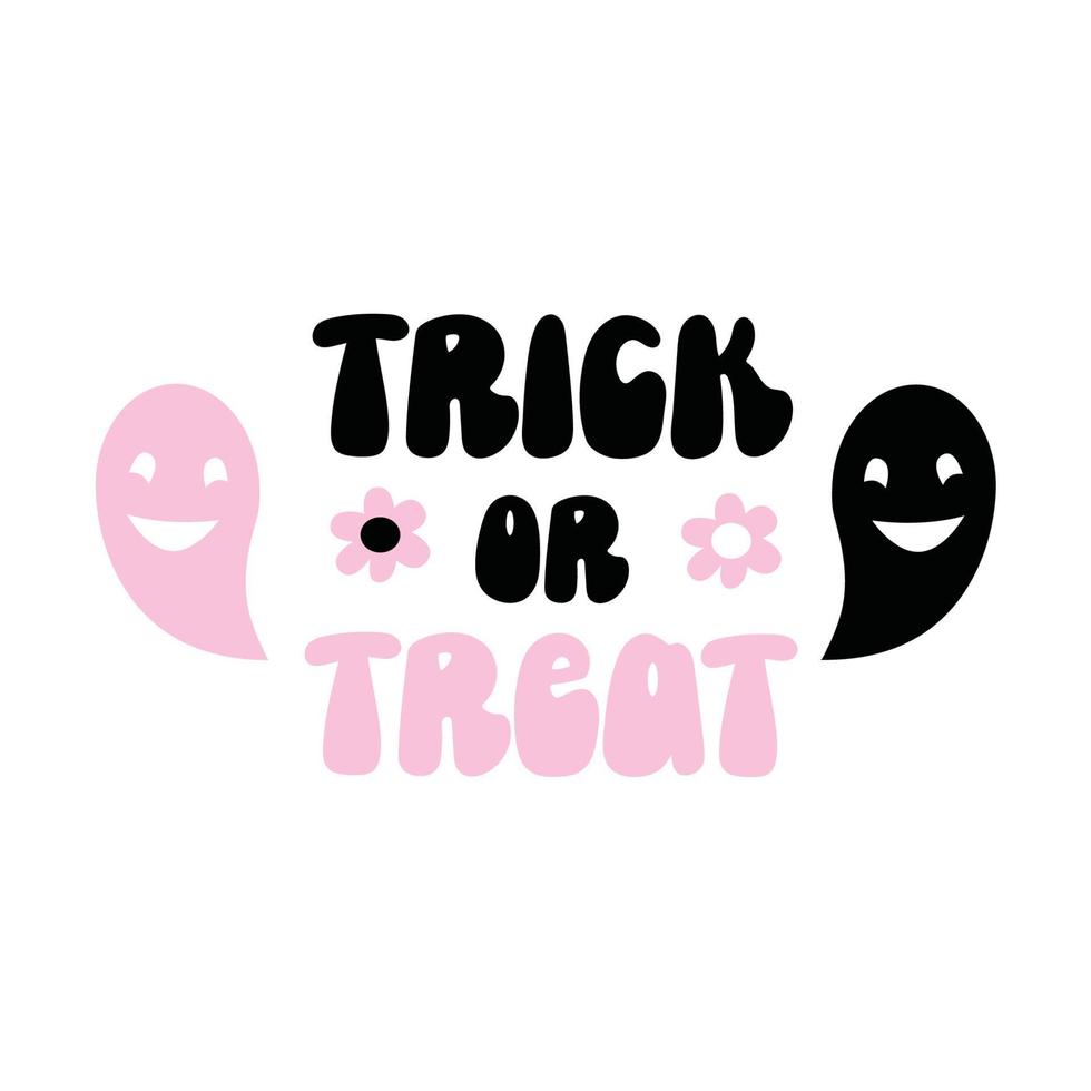 treak ou tratar as cores rosa e preto de citação de halloween com fantasma fofo. estilo groovy. chá de bebê, festa de chegada vetor
