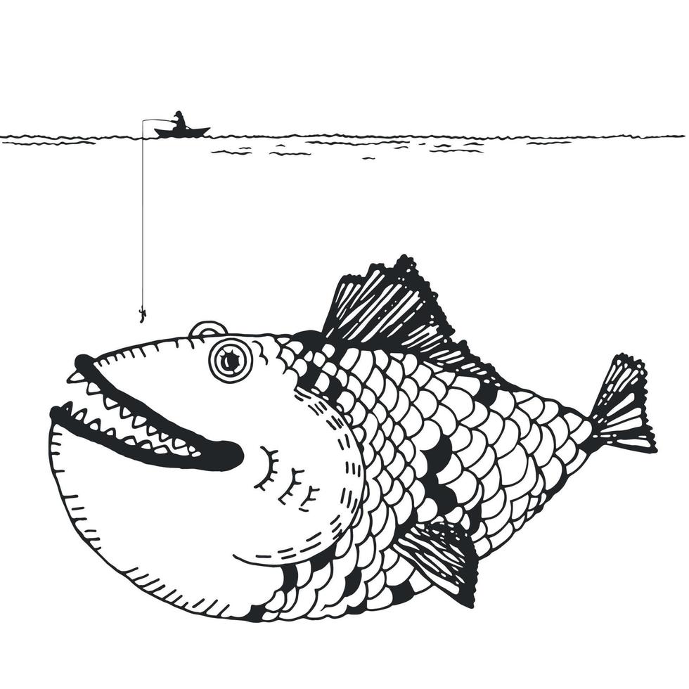 desenho de um pescador em um barco esperando pegar um peixe grande. desenho infantil. ilustração engraçada. vetor