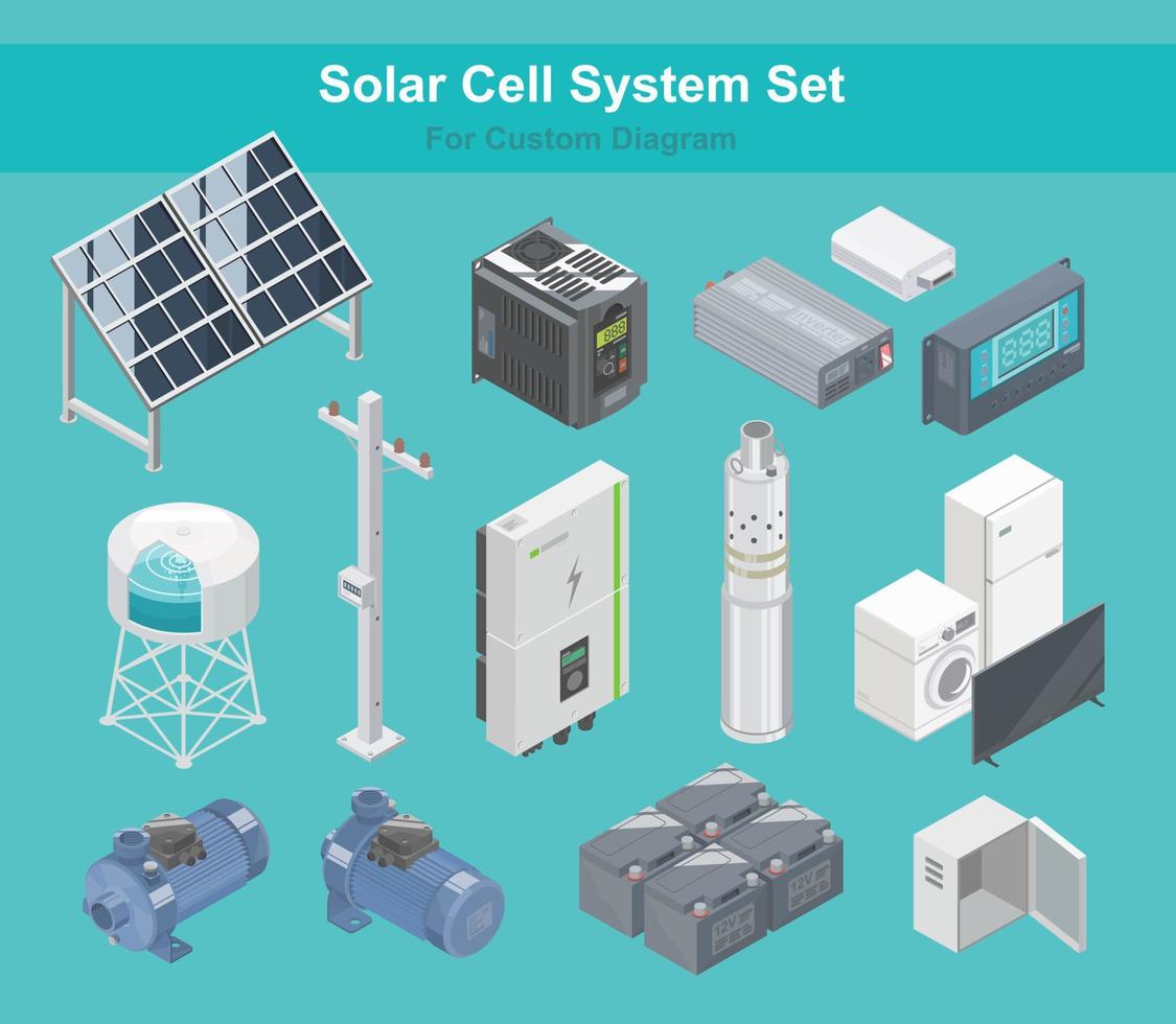 célula solar elemento de planta solar objetos de componente de sistema de vetor diagrama personalizado projetado isométrico