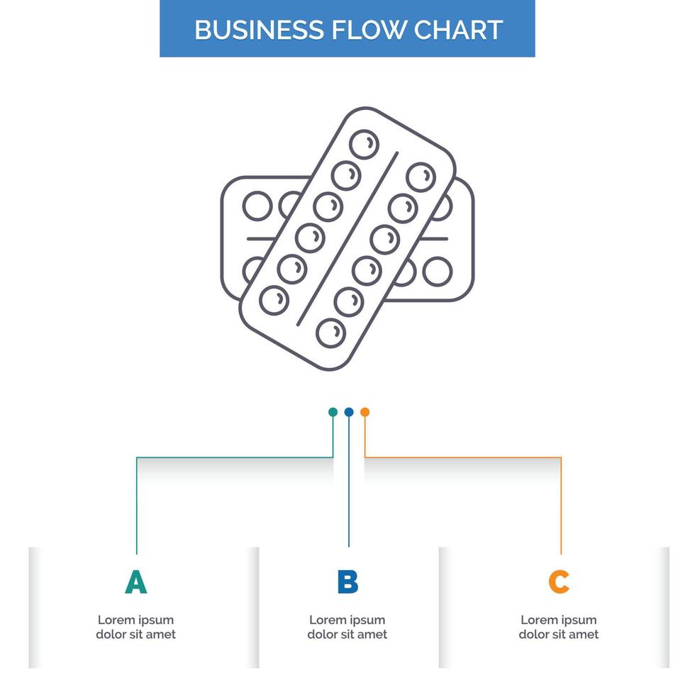 medicamento. comprimido. drogas. tábua. design de fluxograma de negócios paciente com 3 etapas. ícone de linha para lugar de modelo de plano de fundo de apresentação para texto vetor