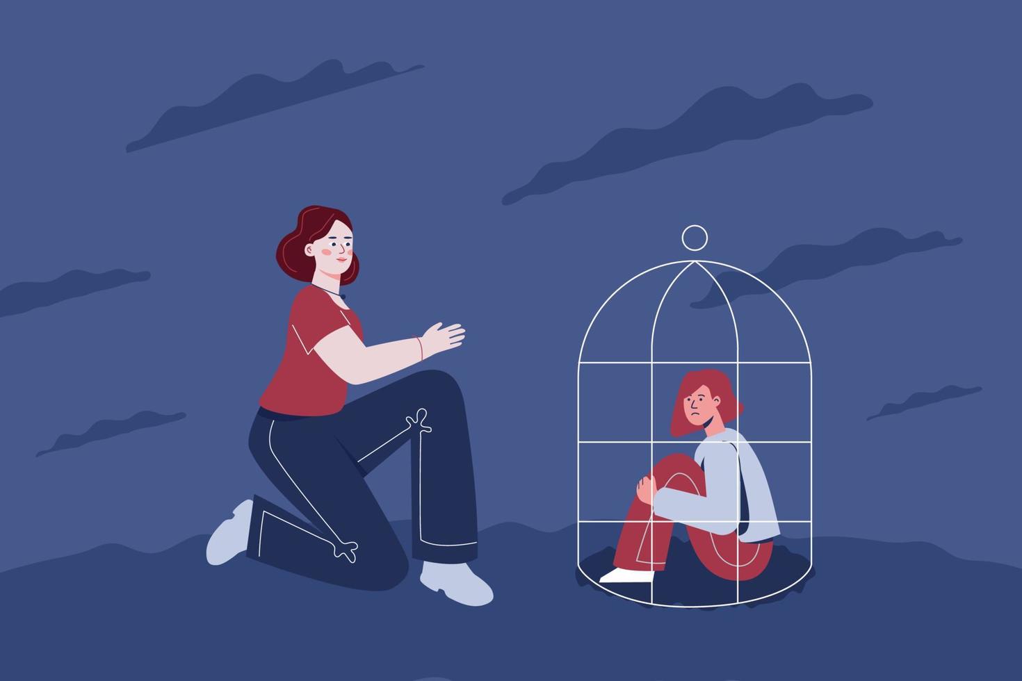 uma adolescente triste está sentada em uma gaiola, ao lado dela uma mulher estende a mão. o conceito de assistência psicológica a adolescentes com depressão, luto, ansiedade. vetor