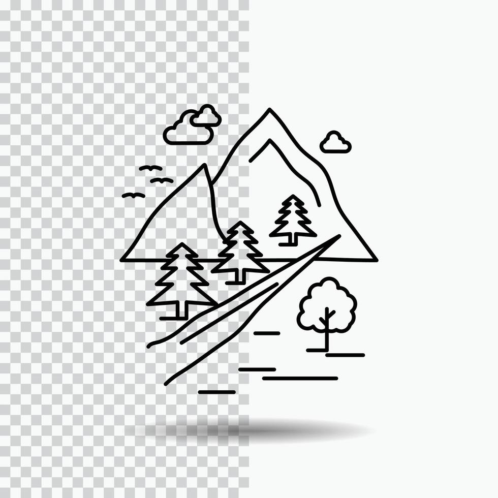 rochas. árvore. colina. montanha. ícone de linha de natureza em fundo transparente. ilustração em vetor ícone preto