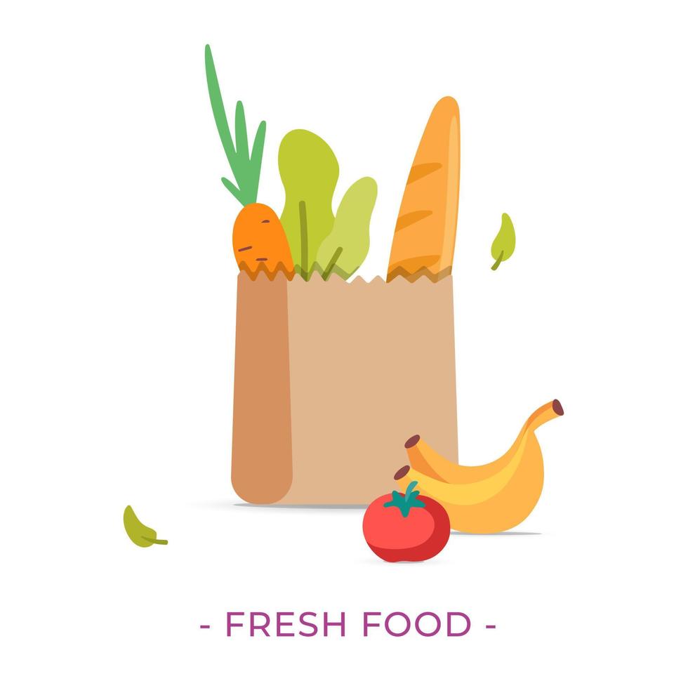 saco de papel de supermercado de vetor plano com ilustração de design de comida ecológica fresca