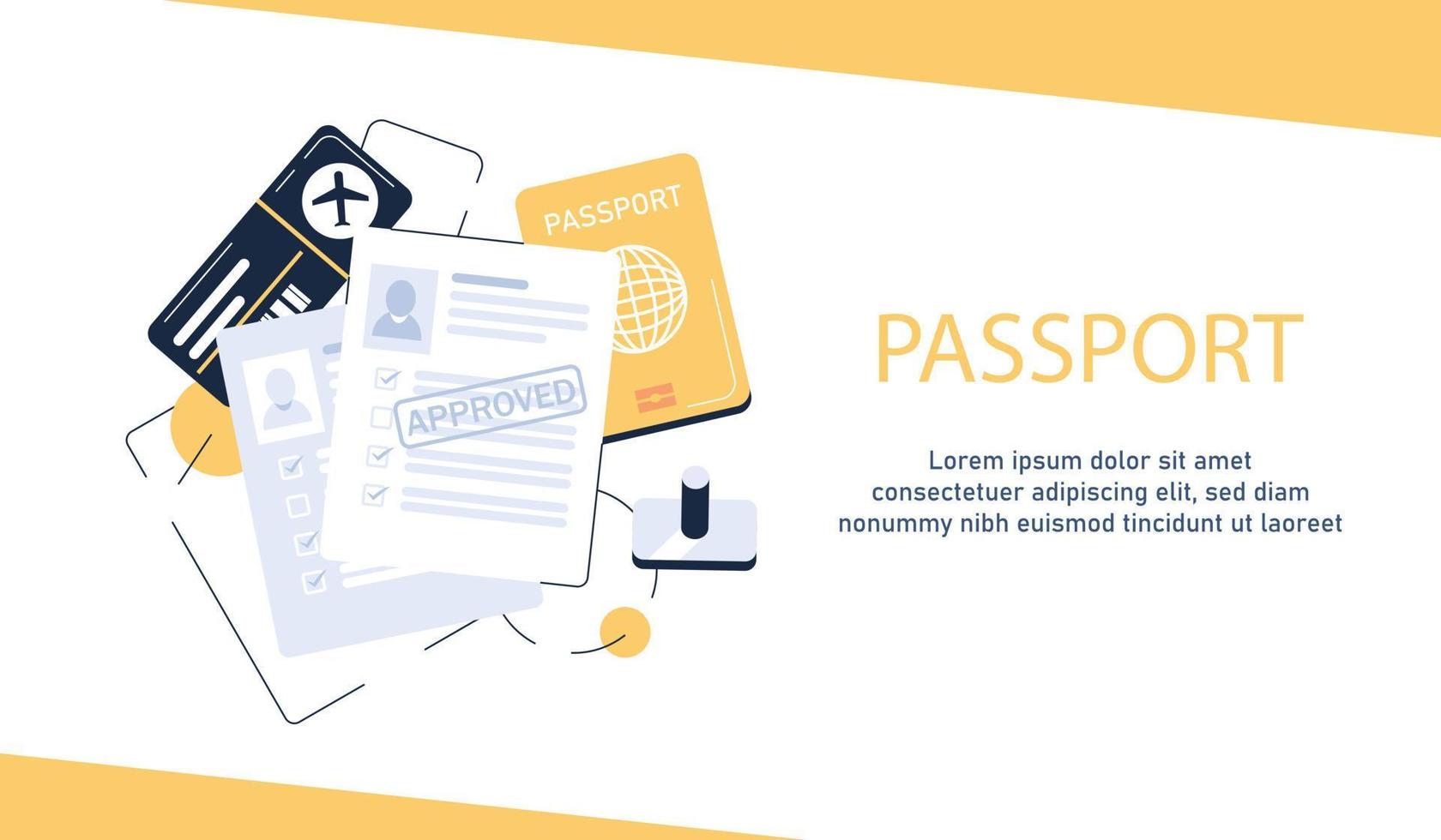 passaporte e passagem de avião, ícone plano de passaporte de carimbo, ícone de bilhete de embarque, ilustração vetorial de ícone de design plano vetor