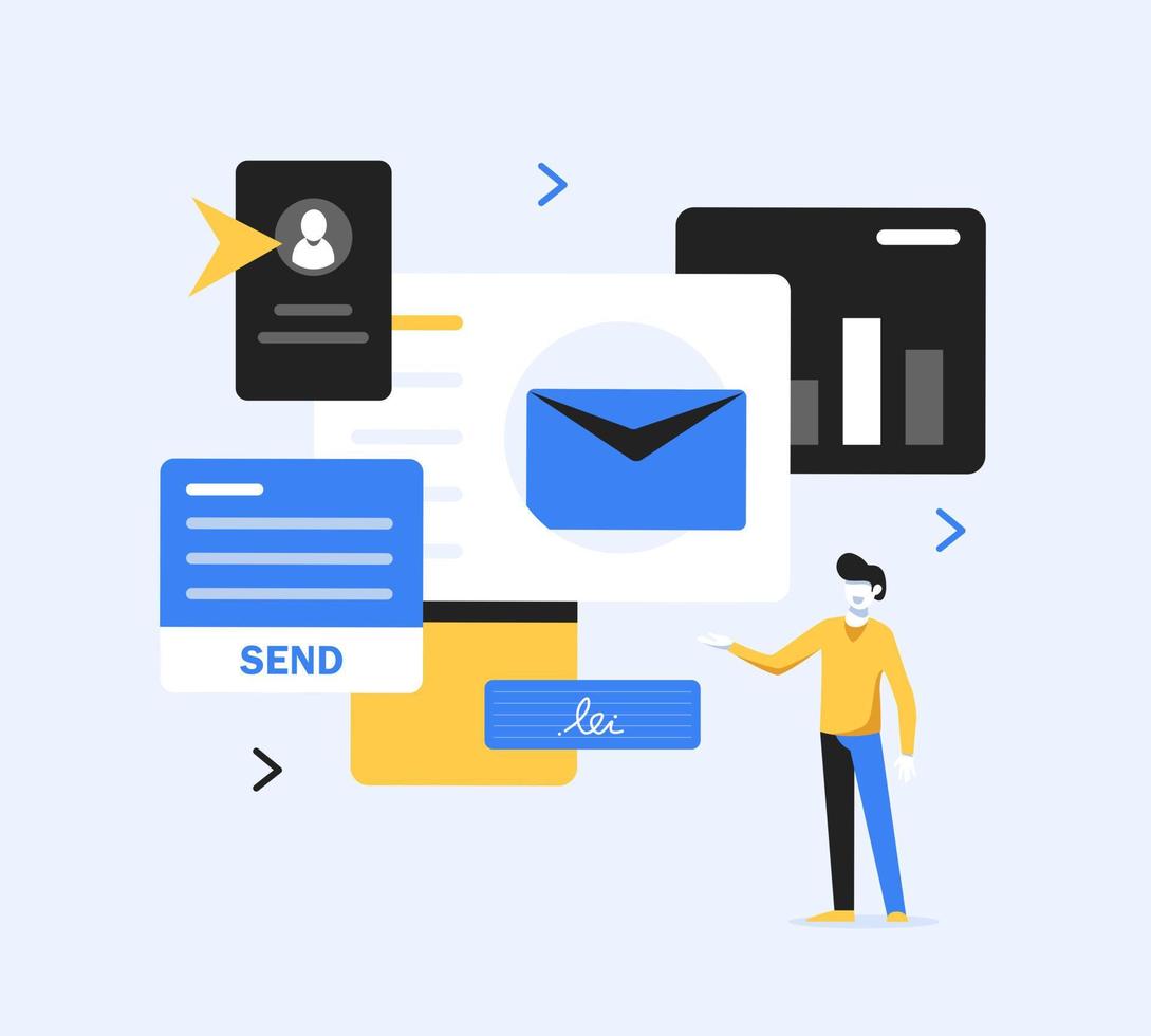 e-mail e mensagens, campanha de marketing por e-mail, processo de trabalho, nova mensagem de e-mail, ilustração vetorial de ícone de design plano vetor