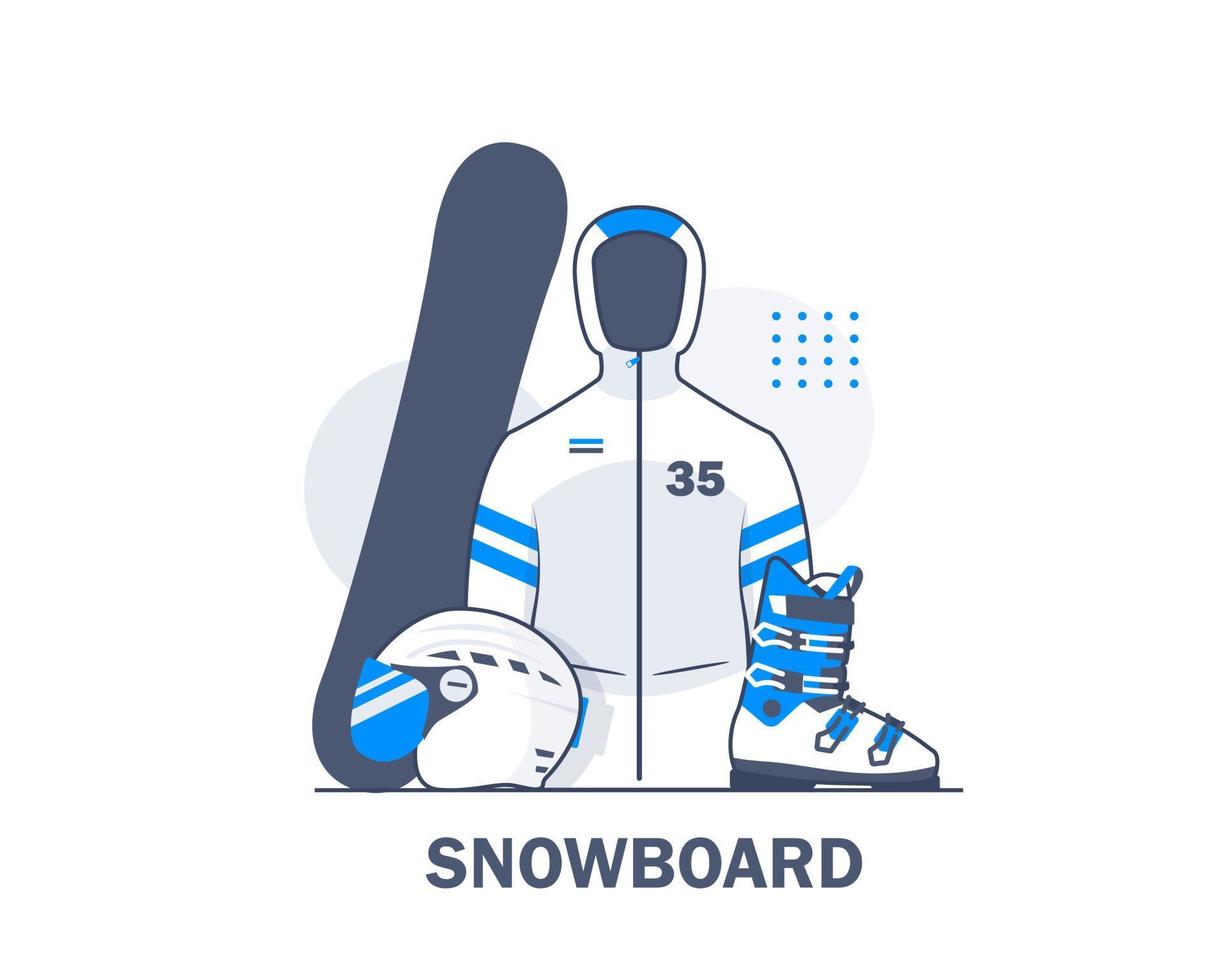conjunto e equipamento de snowboard, ilustração vetorial de ícone de design plano vetor