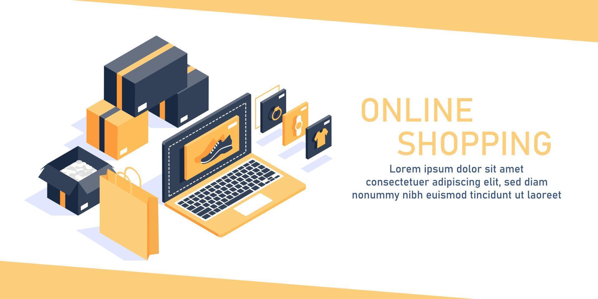 conceito isométrico de compras on-line, conceito de vendas de comércio eletrônico, marketing digital, ilustração vetorial de ícone de design plano vetor