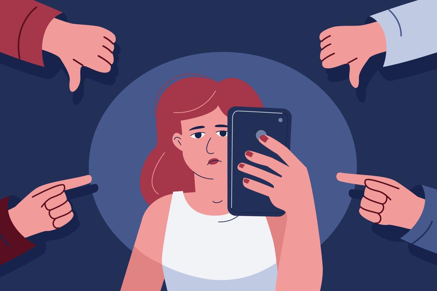 uma mulher segura um telefone na mão, condenando, envergonhando os gestos em torno dele, um símbolo de ódio e bullying online. vetor