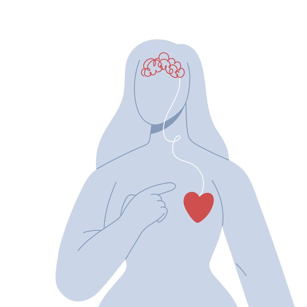harmonia do coração e do cérebro. uma mulher aponta o dedo para o coração. conceito de psicologia. ilustração vetorial plana. vetor