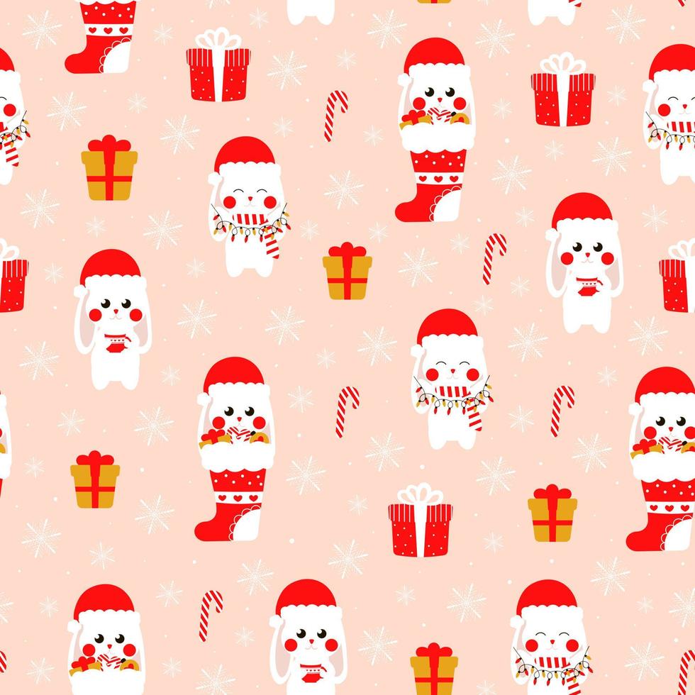 padrão de natal sem costura com coelhinho de natal fofo com caixas de presente em fundo rosa para papel de embrulho ou impressão têxtil vetor