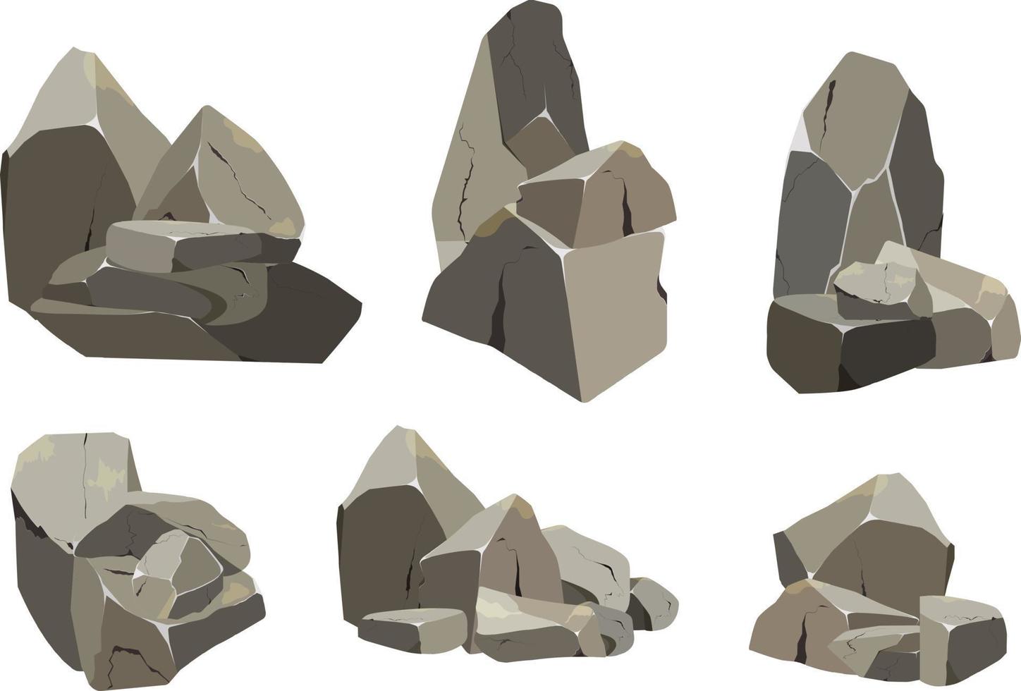 coleção de pedras de várias formas e arbustos.seixos costeiros,pedregulhos,cascalho,minerais e formações geológicas.fragmentos de rocha,pedregulhos e material de construção. vetor