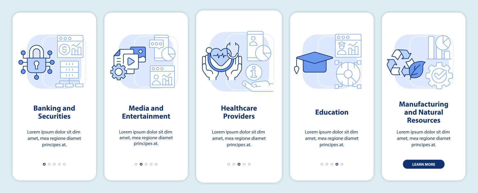 aplicativos de big data tela de aplicativo móvel de integração azul claro. passo a passo de serviço 5 passos páginas de instruções gráficas com conceitos lineares. ui, ux, modelo de gui. vetor