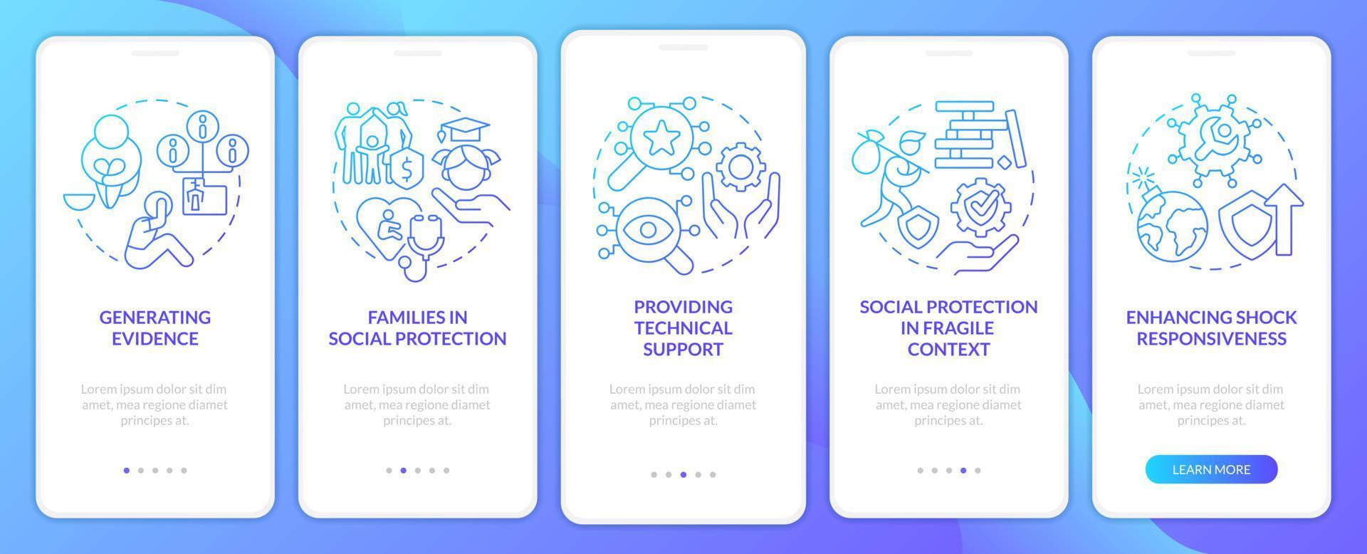 atividades de proteção social tela de aplicativo móvel de integração de gradiente azul. passo a passo 5 passos páginas de instruções gráficas com conceitos lineares. ui, ux, modelo de gui. vetor