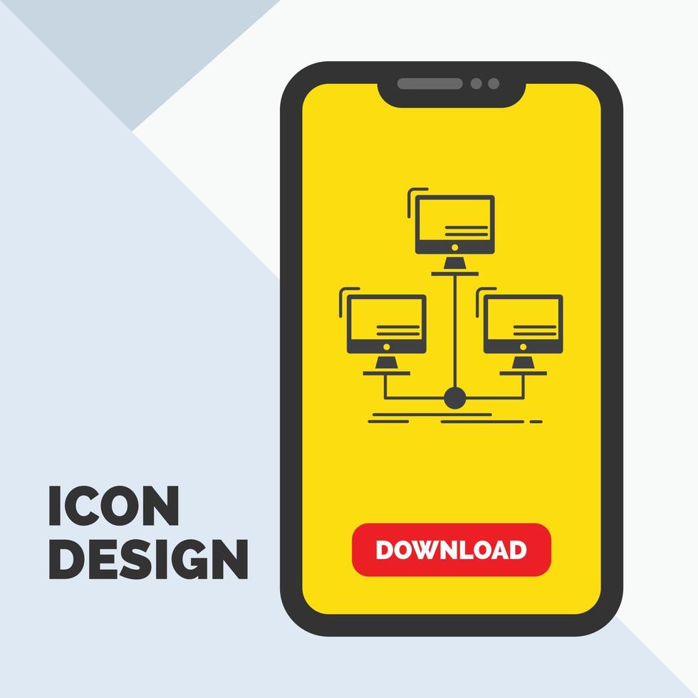 base de dados. distribuído. conexão. rede. ícone de glifo de computador no celular para página de download. fundo amarelo vetor