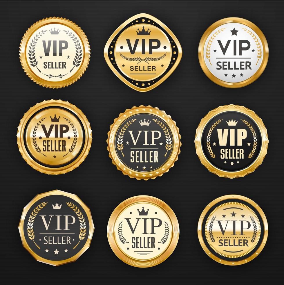 emblemas dourados do vendedor vip, rótulos de qualidade premium vetor