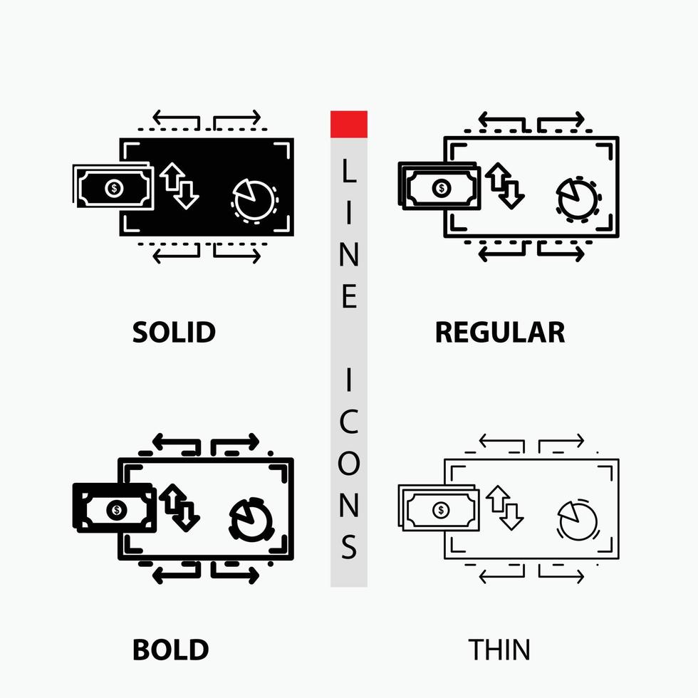 finança. fluxo. marketing. dinheiro. ícone de pagamentos em fino. regular. linha em negrito e estilo de glifo. ilustração vetorial vetor