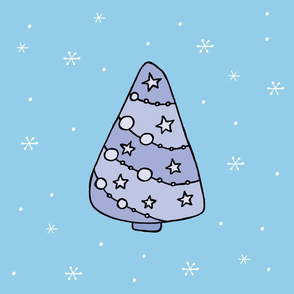 uma árvore de natal desenhada à mão. ilustração vetorial colorida em estilo doodle. clima de inverno. olá 2023. feliz natal e feliz ano novo. árvore azul com brinquedos em um fundo com flocos de neve. vetor