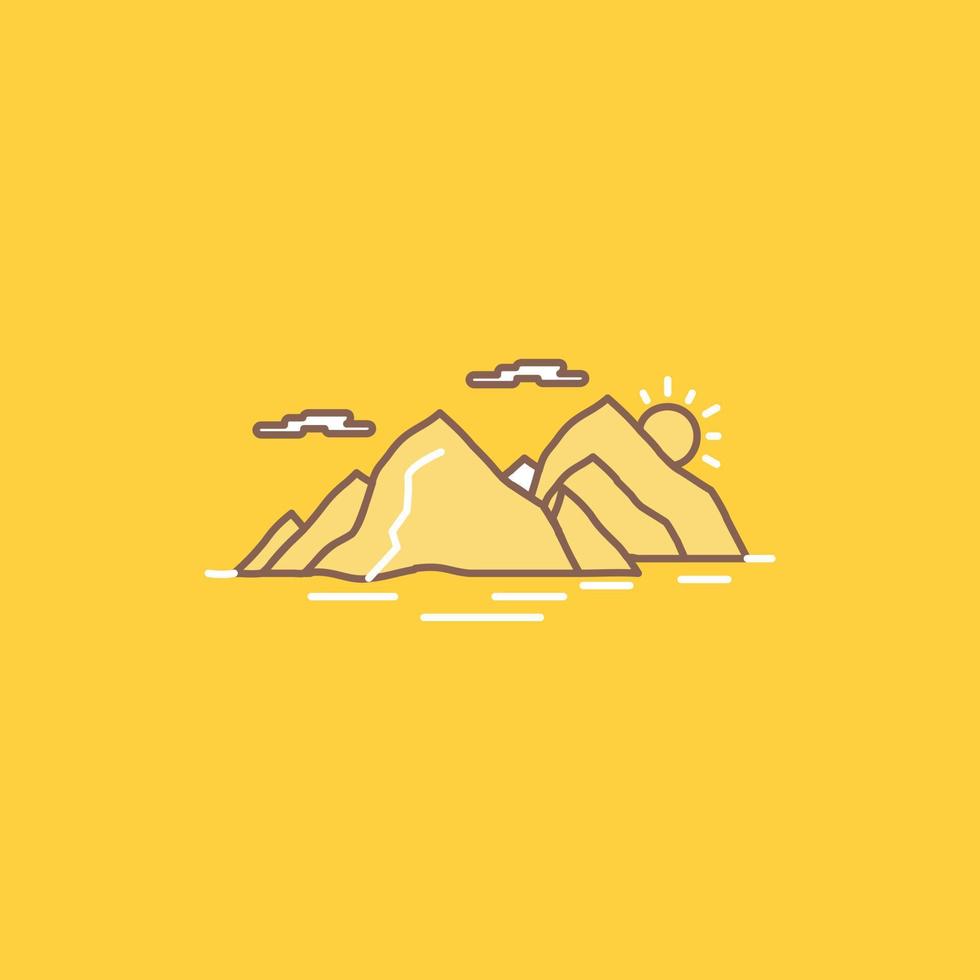 montanha. colina. paisagem. natureza. à noite ícone cheio de linha plana. botão de logotipo bonito sobre fundo amarelo para ui e ux. site ou aplicativo móvel vetor