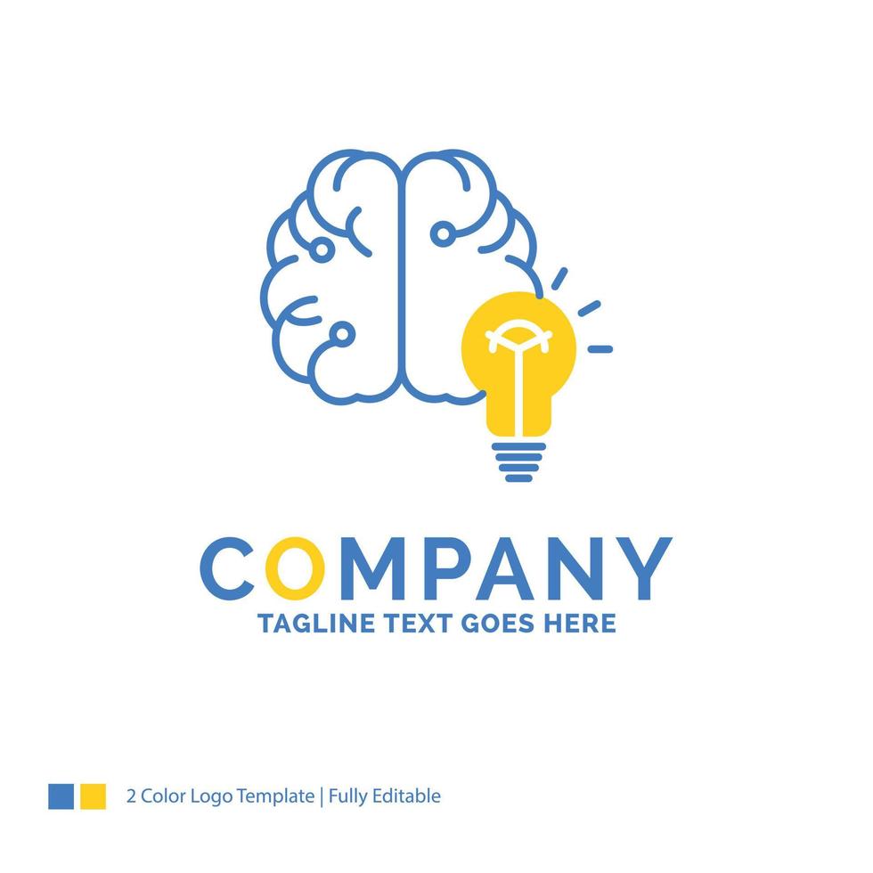 idéia. o negócio. cérebro. mente. modelo de logotipo de negócios amarelo azul bulbo. lugar de modelo de design criativo para slogan. vetor
