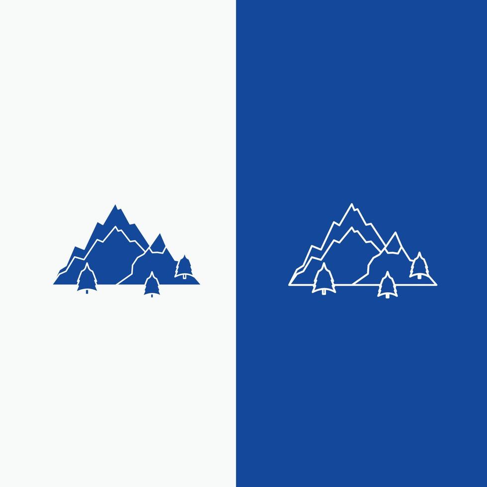 montanha. paisagem. colina. natureza. linha de árvore e botão web glifo em banner vertical de cor azul para ui e ux. site ou aplicativo móvel vetor