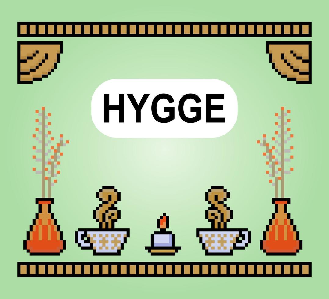 pixels de 8 bits o hygge do tema. as ferramentas para relaxar em ilustrações vetoriais. vetor