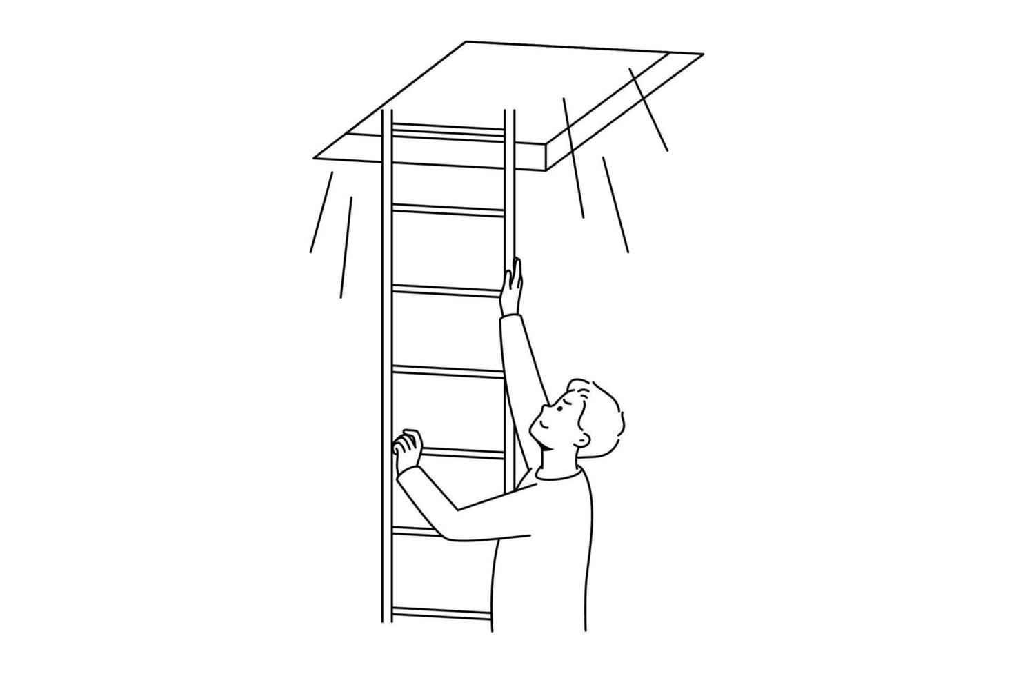 homem subindo escada para a luz. sorrindo motivado masculino abre novas oportunidades ou perspectivas. futuro brilhante pela frente. ilustração vetorial. vetor