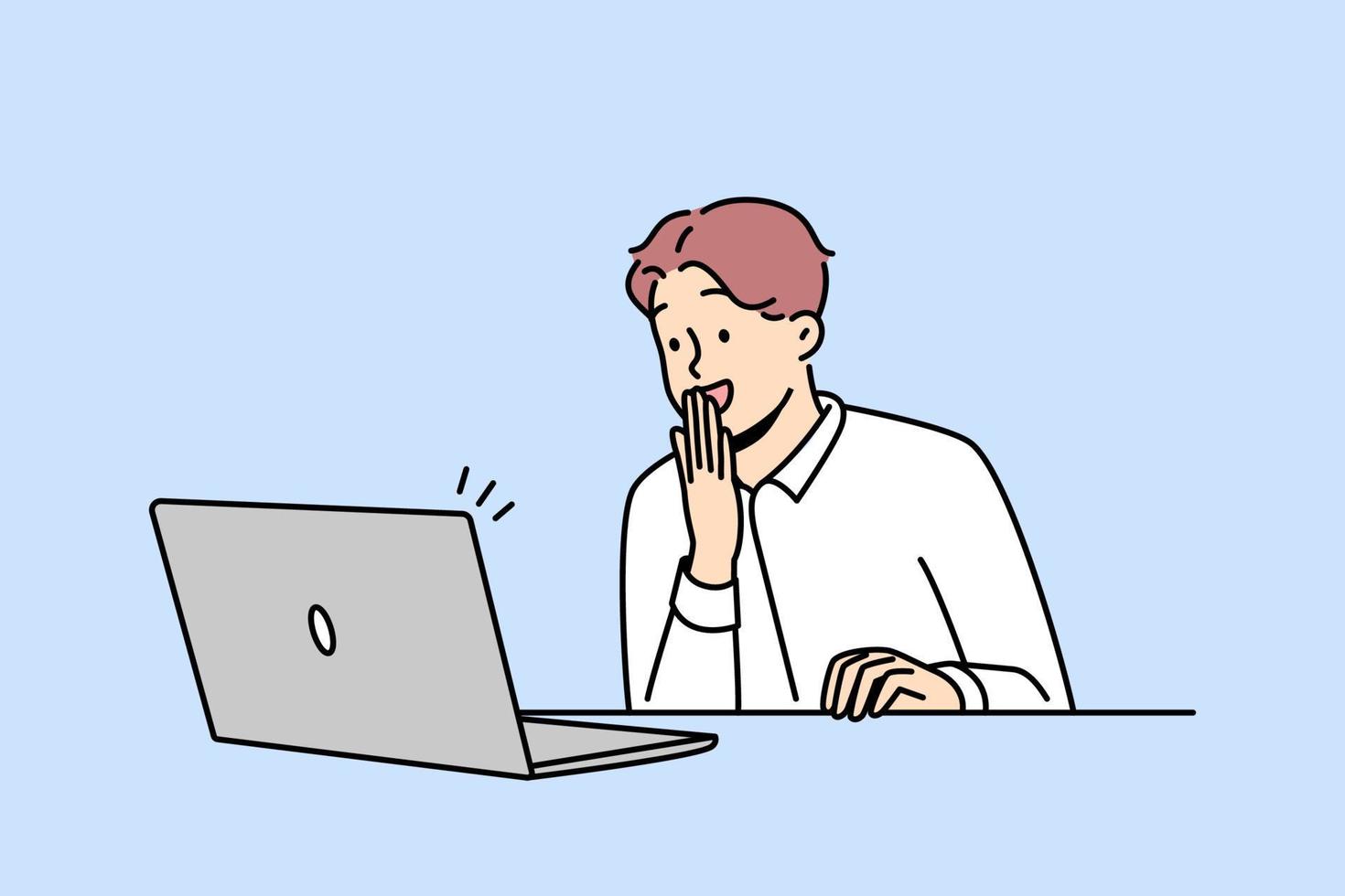 empregado masculino feliz olha para a tela do laptop animado com boas notícias online. sorridente empresário chocado com mensagem agradável no computador. ilustração vetorial. vetor