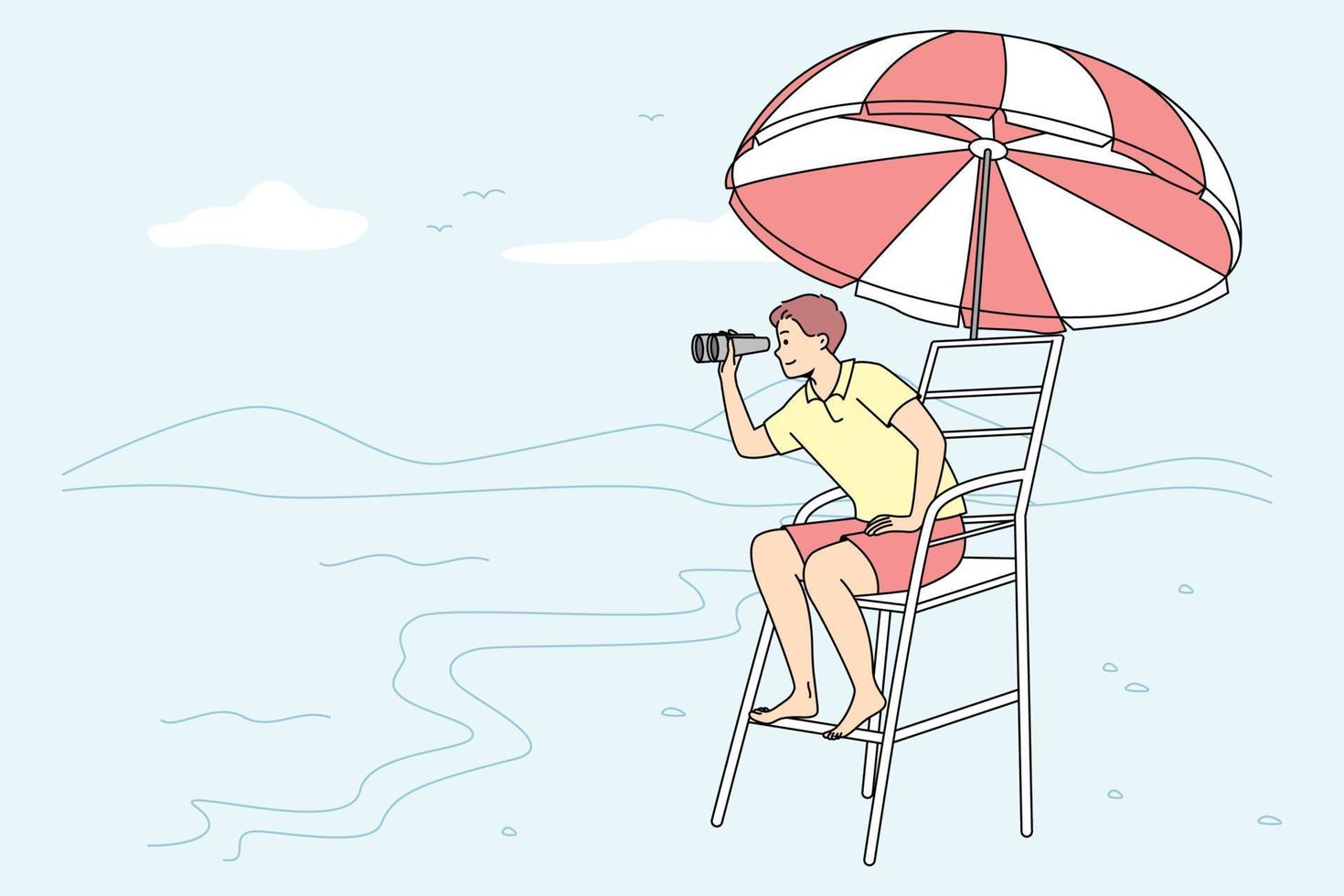 salva-vidas masculino sentado na cadeira na praia olhando em binóculos. salva-vidas de homem na torre à beira-mar. salvador de segurança e ajuda marítima. ilustração vetorial. vetor