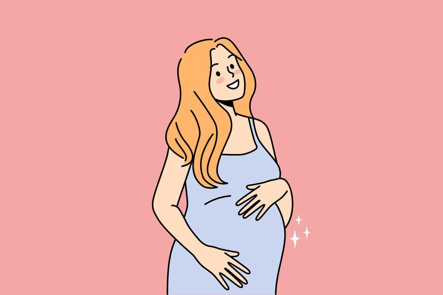 jovem sorridente tocando a barriga animada com a gravidez. feliz mulher grávida de mãos dadas acariciar o abdômen. conceito de maternidade. ilustração vetorial. vetor