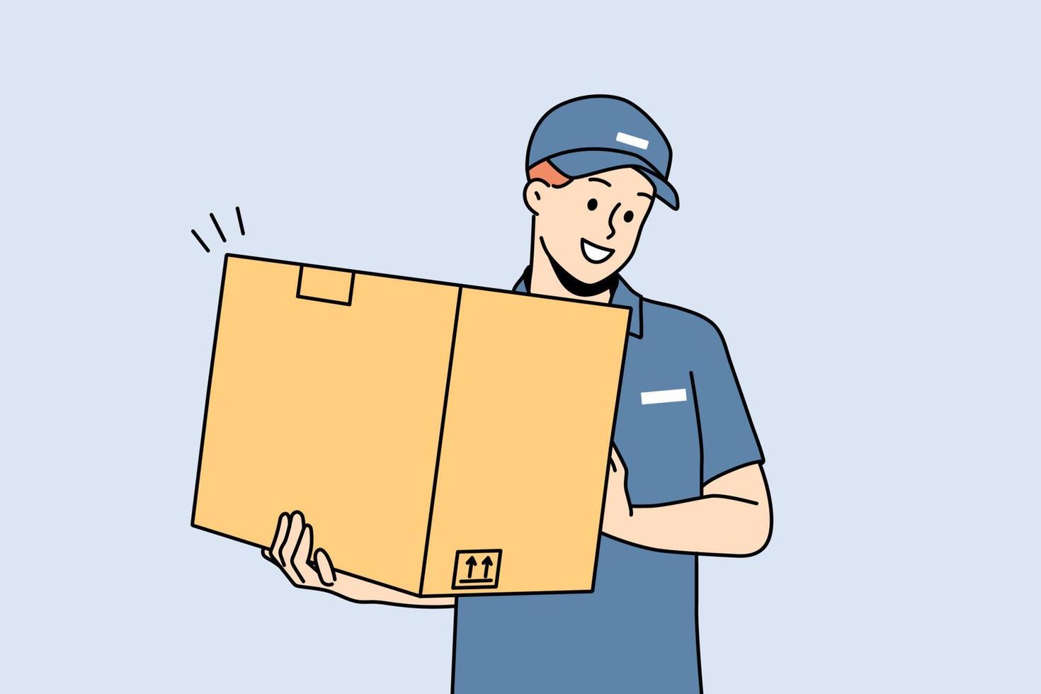 sorridente entregador de uniforme segurando o pacote de papelão. feliz mensageiro masculino com caixa entrega o pedido ao cliente. bom serviço de entrega. ilustração vetorial. vetor