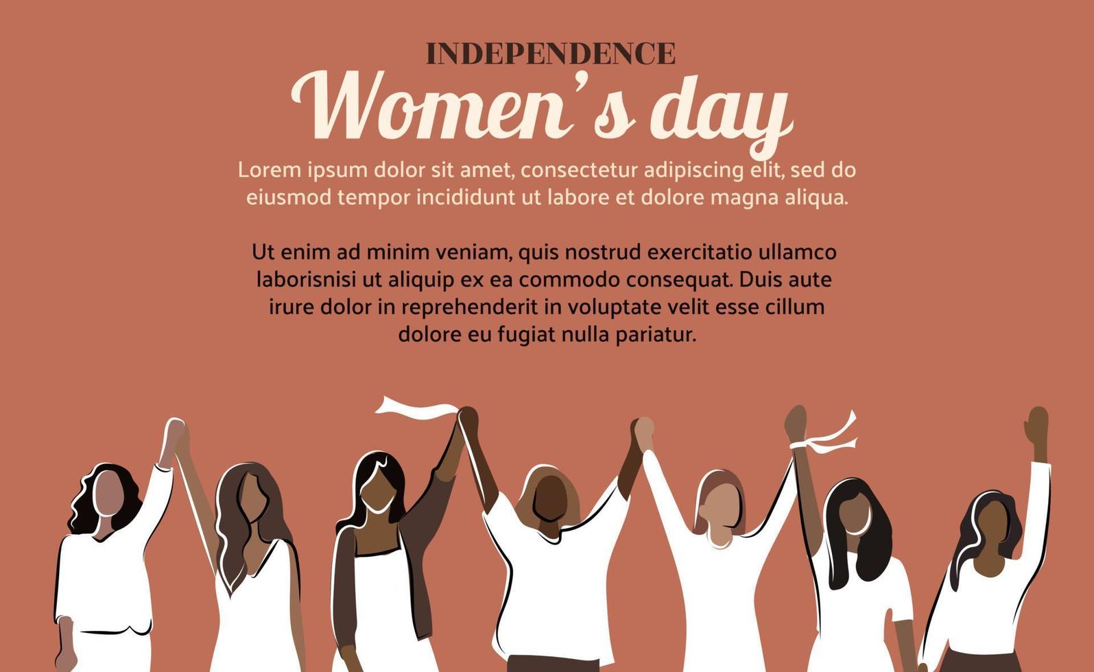 dia da mulher da independência. mulheres de mãos dadas. meninas com roupas brancas. cartão de felicitações, pôster, banner em estilo simples. vetor