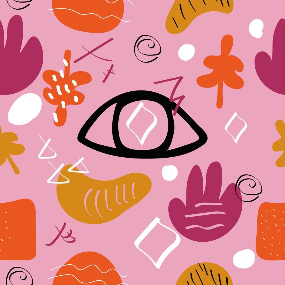 padrão sem costura mão desenhada abstratas modernas formas brilhantes e objetos em fundo rosa. elementos de design doodle. plano de fundo, papel de parede, embalagem, modelo têxtil. vetor