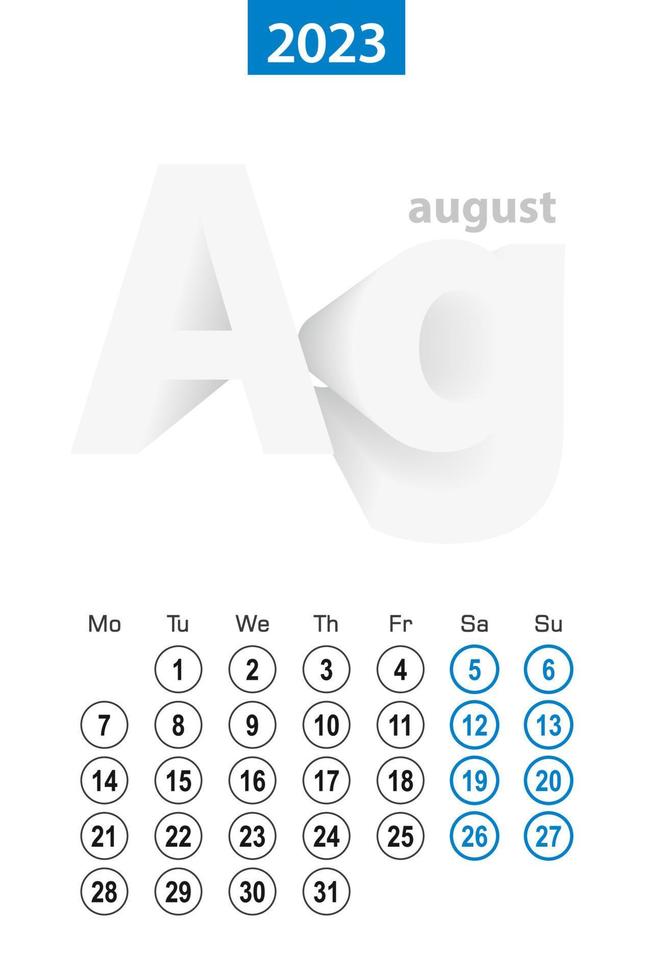 calendário para agosto de 2023, design de círculo azul. idioma inglês, a semana começa na segunda-feira. vetor