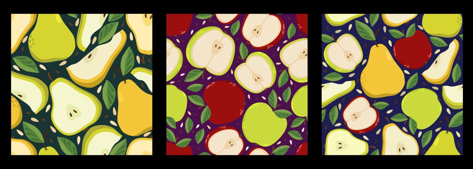 coleção de vetores de três padrões sem emenda com maçãs e peras.