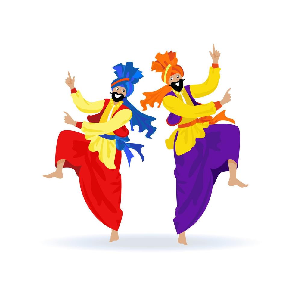 dois homens sikh barbudos felizes em turbantes, roupas coloridas, dançando a dança tradicional bhangra no festival indiano lohri, festa. ilustração plana de desenho animado vetor