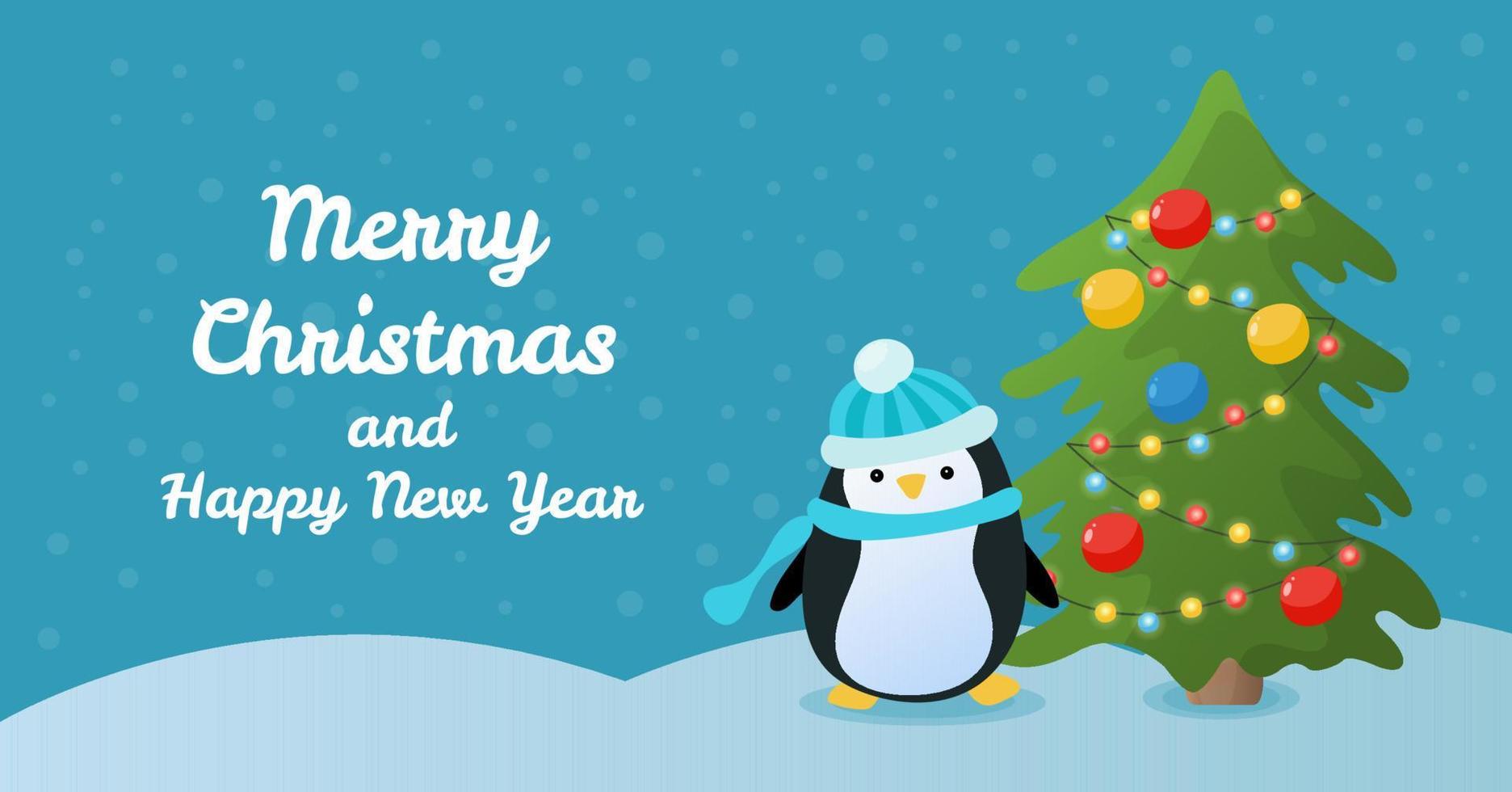cartão de cumprimentos com um pinguim de desenho animado sentado perto da árvore de natal. ilustração sazonal de natal bonito em estilo cartoon plana. vetor
