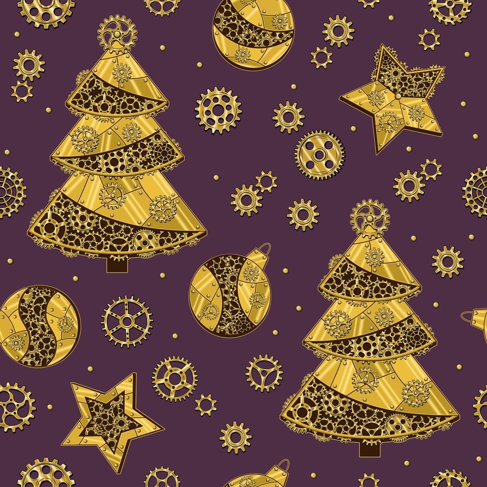 padrão com engrenagens e árvore de natal, bolas de natal feitas de latão brilhante, placas de metal dourado, engrenagens, rodas dentadas, rebites em estilo steampunk. fundo violeta. vetor