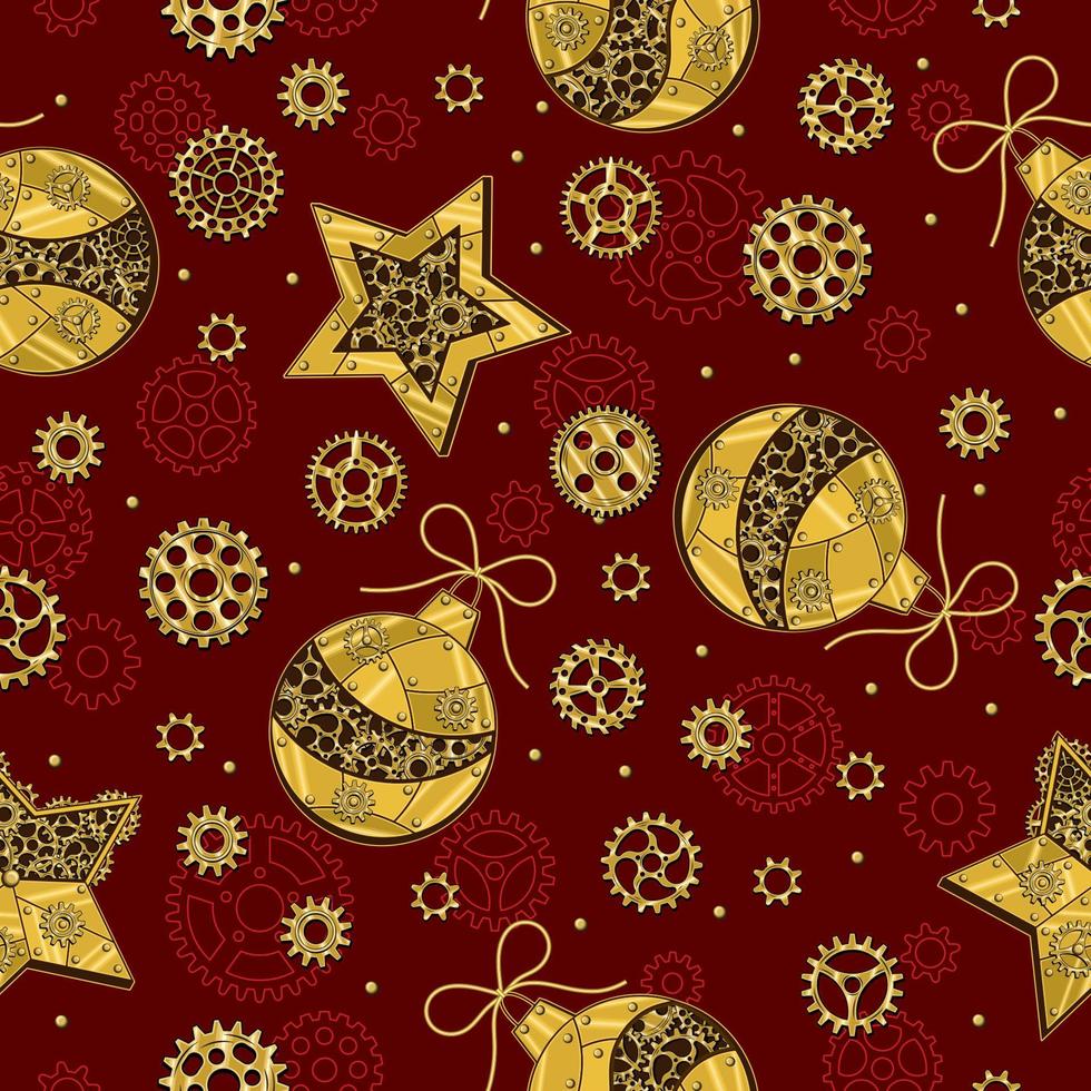 padrão com engrenagens, estrelas e bolas de natal feitas de latão brilhante, placas de metal dourado, engrenagens, rodas dentadas, rebites em estilo steampunk. fundo vermelho. vetor