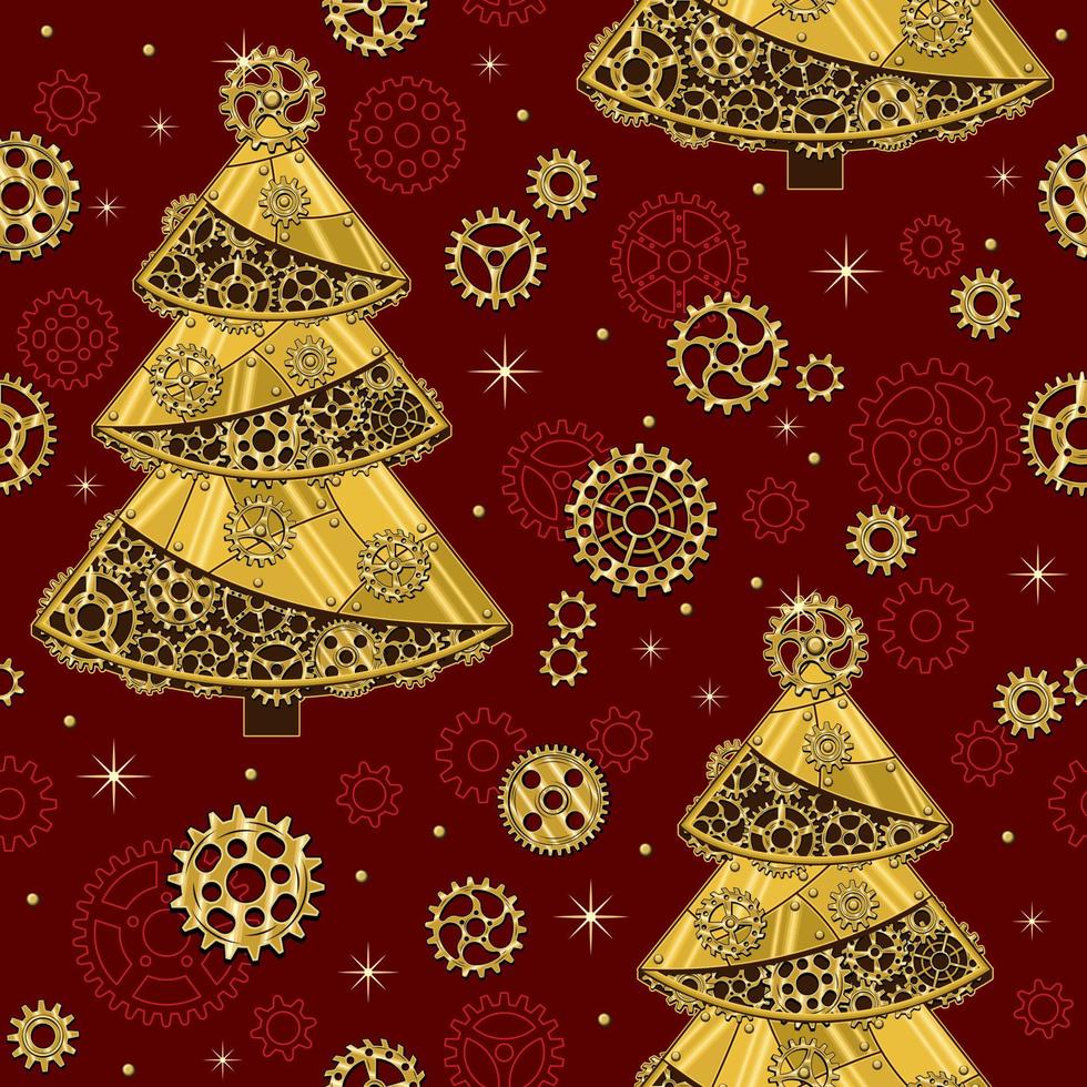 padrão com engrenagens, árvore de natal feita de latão brilhante, placas de metal dourado, engrenagens, rodas dentadas, rebites em estilo steampunk. fundo vermelho escuro. vetor