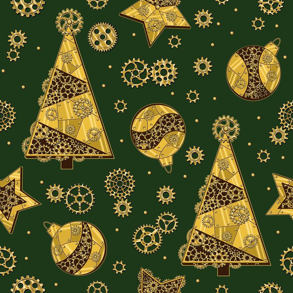 padrão com engrenagens e árvore de natal, bolas de natal feitas de latão brilhante, placas de metal dourado, engrenagens, rodas dentadas, rebites em estilo steampunk em verde. fundo de natal. vetor