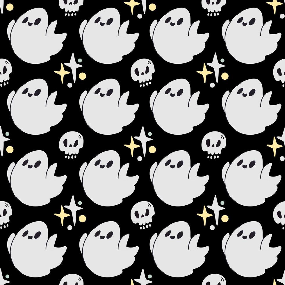 padrão de halloween assustador em estilo doodle plano com bruxa bonita no chapéu, fantasma, caveira e estrelas em fundo preto vetor