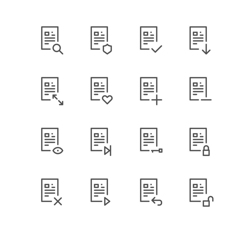 conjunto de ícones de negócios e tecnologia, papel, documento, arquivo, pasta, pesquisa, aprovar e vetores de variedade linear.