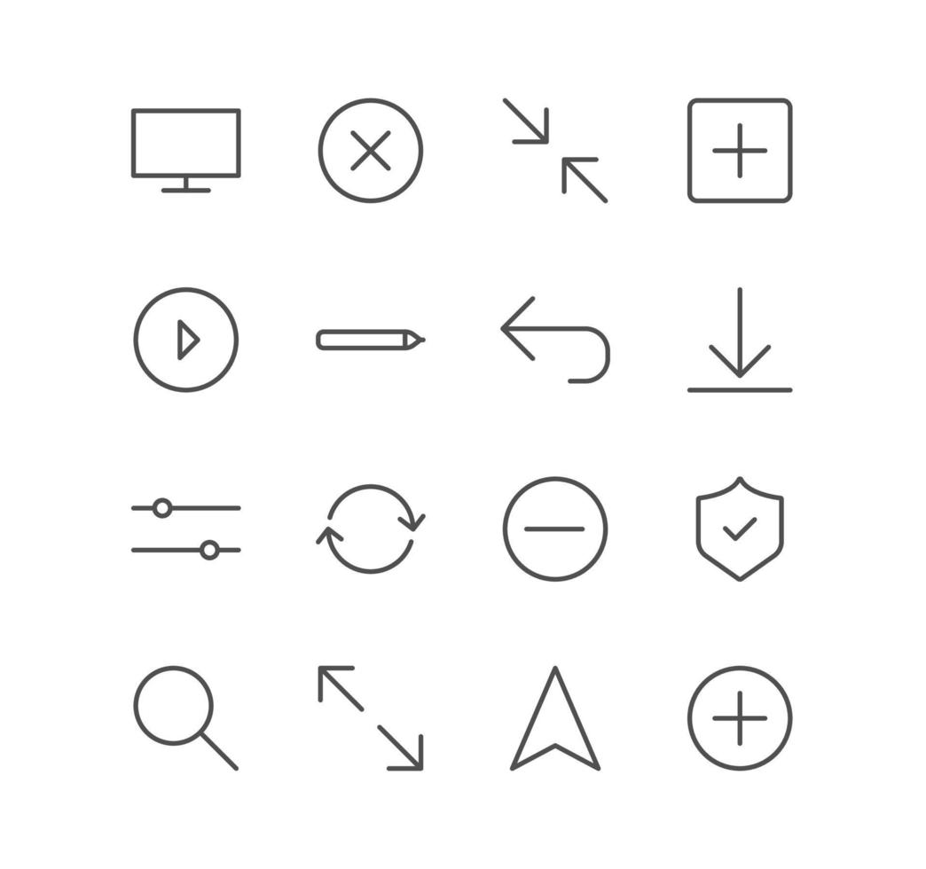 conjunto de ícones de interface e web, download, lupa, escudo, atualização, navegação e vetores de variedade linear.